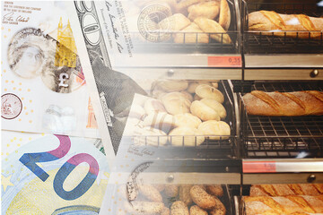 Food prices background. Rising cost of living. Bakery shop background. Shelves with fresh bread and...