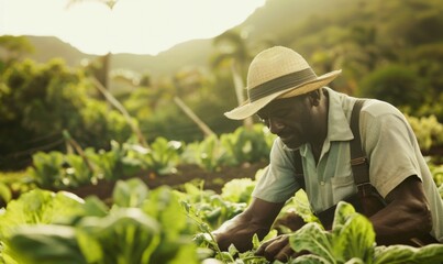 Naklejka na ściany i meble Afro-American man wearing a straw hat and smiling as he harvests fresh organic crops from his bountiful field