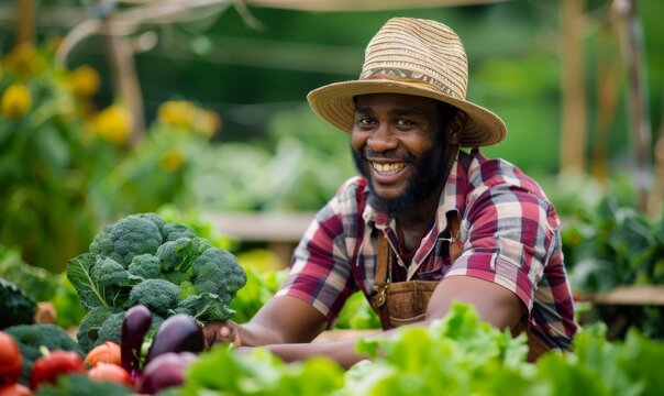 Afro-American man wearing a straw hat and smiling as he harvests fresh organic crops from his bountiful field