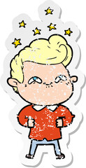 distressed sticker of a cartoon excited man
