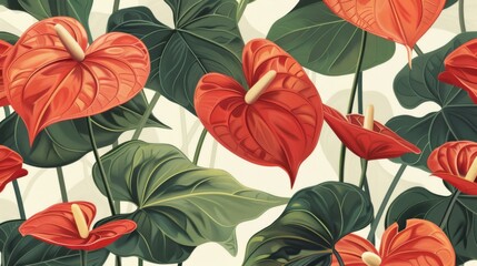 Pattern design incorporating exotic red anthurium flowers in a trendy botanical illustration