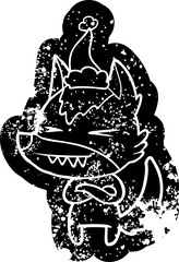 angry wolf cartoon distressed icon of a wearing santa hat