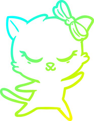 cold gradient line drawing cute cartoon cat with bow