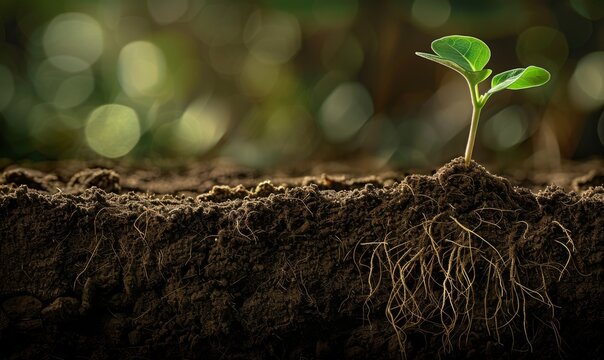 Lifecycle of a plant as it sprouts and grows in nutrient-rich soil