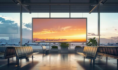 A high-quality mockup of a billboard strategically placed in the waiting area of an airport gate