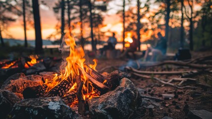 campfire in the forest. Holiday Traveling. Outdoor activity.