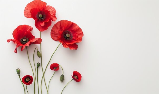 Anzac Day, poppy flowers on white background. Remembrance day symbol.