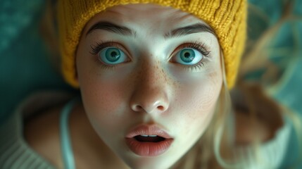 Surprised Woman in Yellow Beanie with Wide Eyes