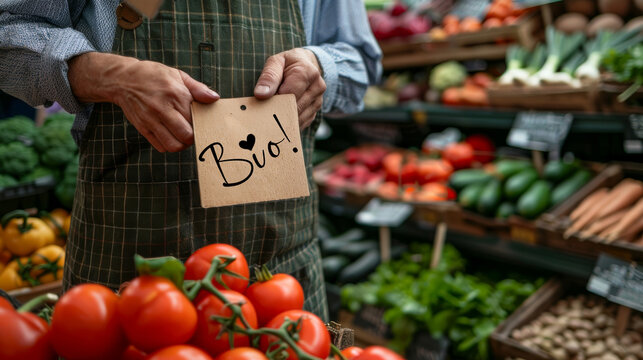 Regionaler Bioladen / Bauernmarkt, vegetarisch, vegan Essen Hintergrund- Verk&auml;ufer h&auml;lt Schild mit dem Text " Bio " in seinen H&auml;nden, im Hintergrund frisches gesundes Gem&uuml;se