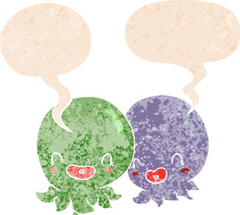 two cartoon octopi  and speech bubble in retro textured style
