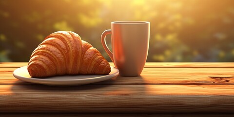Realistic illustration of a coffee cup with a croissant on a wooden board and table in warm morning light - Powered by Adobe