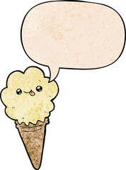 cartoon ice cream and speech bubble in retro texture style