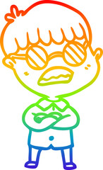 rainbow gradient line drawing cartoon boy with crossed arms wearing spectacles
