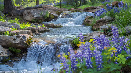 Spring Blossoms Adorning Waterfall: Serene Scene with Wildflowers or Cherry Blossoms in Full Bloom