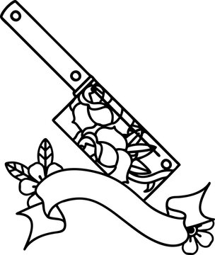 recommend clip art: black linework tattoo with banner of a cleaver and flowers