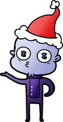 gradient cartoon of a weird bald spaceman wearing santa hat