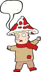cartoon magical mushroom man with speech bubble