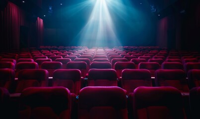 A dramatic rendering of a movie theater auditorium, with empty seats shrouded in darkness and a beam of light from the projector illuminating the screen - obrazy, fototapety, plakaty