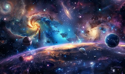 Fototapeta na wymiar Beauty of space, with swirling cosmic clouds, shimmering star clusters, and distant planets suspended in the vastness of the universe