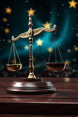 The Scales of Justice balanced evenly, set against a backdrop of a mystical starry sky, symbolizing cosmic justice.