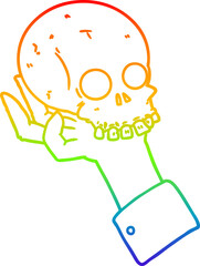 rainbow gradient line drawing cartoon hand holding skull