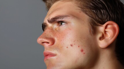 Dermatology, itchy allergy or allergic sensitive reaction, red spot or rash on his face.