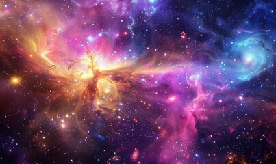 Naklejka premium Beauty of space, with swirling cosmic clouds, shimmering star clusters, and distant planets suspended in the vastness of the universe