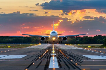 an airplane taking off from a runway - obrazy, fototapety, plakaty