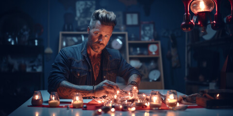 Artisan with tattoos making crafts surrounded by candles and lights. - obrazy, fototapety, plakaty