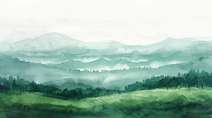 landscape in Viridian Green watercolor style
