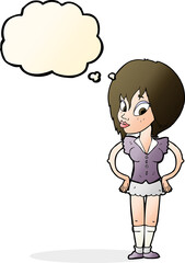 cartoon woman with hands on hips with thought bubble