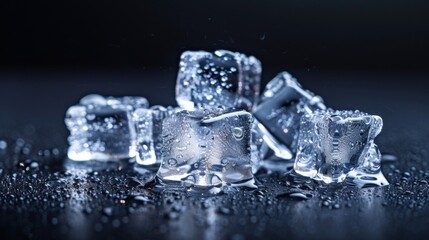 Ice cubes arranged in a stylish composition, highlighting the frosty texture and cool elegance of the frozen cubes against a dark background