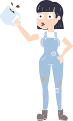 flat color illustration of a cartoon female worker with coffee mug