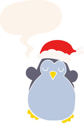 cute christmas penguin and speech bubble in retro style