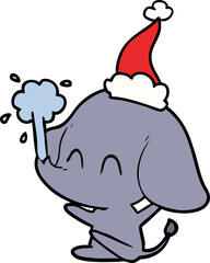 cute line drawing of a elephant spouting water wearing santa hat