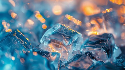 Close-up photograph capturing the crystal-clear texture of ice cubes, with light refracting through their translucent surface