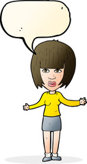cartoon woman shrugging shoulders with speech bubble