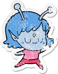 distressed sticker of a cartoon alien girl