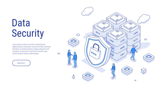 Security data protection isometric. Big data. Cloud technology. Cloud database, web hosting server room. Isometric database protection concept. Big data flow processing data protection concept.