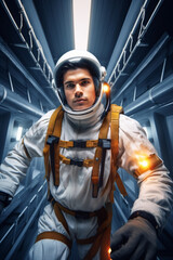 Astronaut in a modern spacecraft interiors navigating through zero gravity corridors.