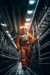 Fototapeta na wymiar An astronaut in full gear walking through the illuminated corridor of a spacecraft.