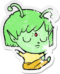 distressed sticker of a cartoon alien girl