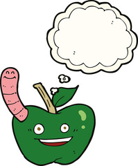 cartoon apple with worm with thought bubble