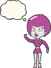 cartoon robot woman waving with thought bubble