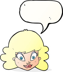 cartoon happy female face with speech bubble