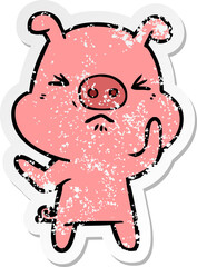 distressed sticker of a cartoon angry pig