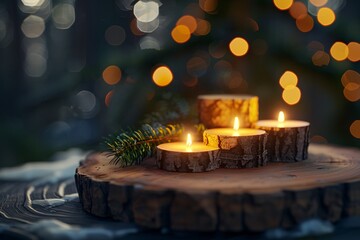 a group of candles on a wood surface