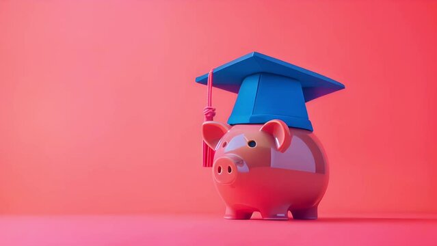3D animated concept of a pink piggy bank with a blue graduation cap symbolizing education savings or investment, against a vibrant pink background