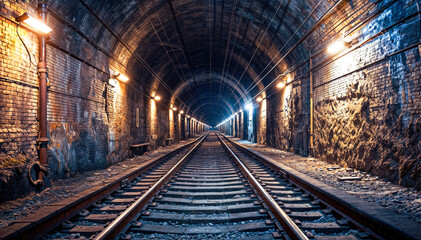 Fototapeta na wymiar Railway tunnel at night. Railway tracks in a tunnel. Railroad background