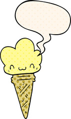 cartoon ice cream and face and speech bubble in comic book style